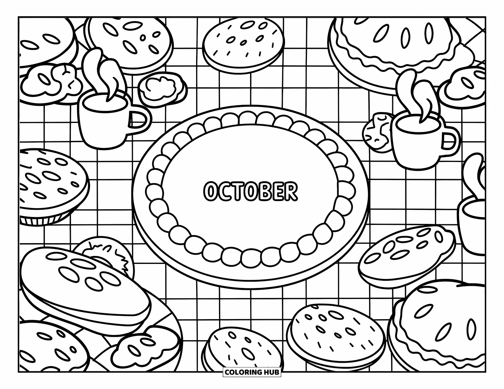 October Coloring Page for Adults: A pie marked "October" sits on a gingham table with treats and cozy mugs