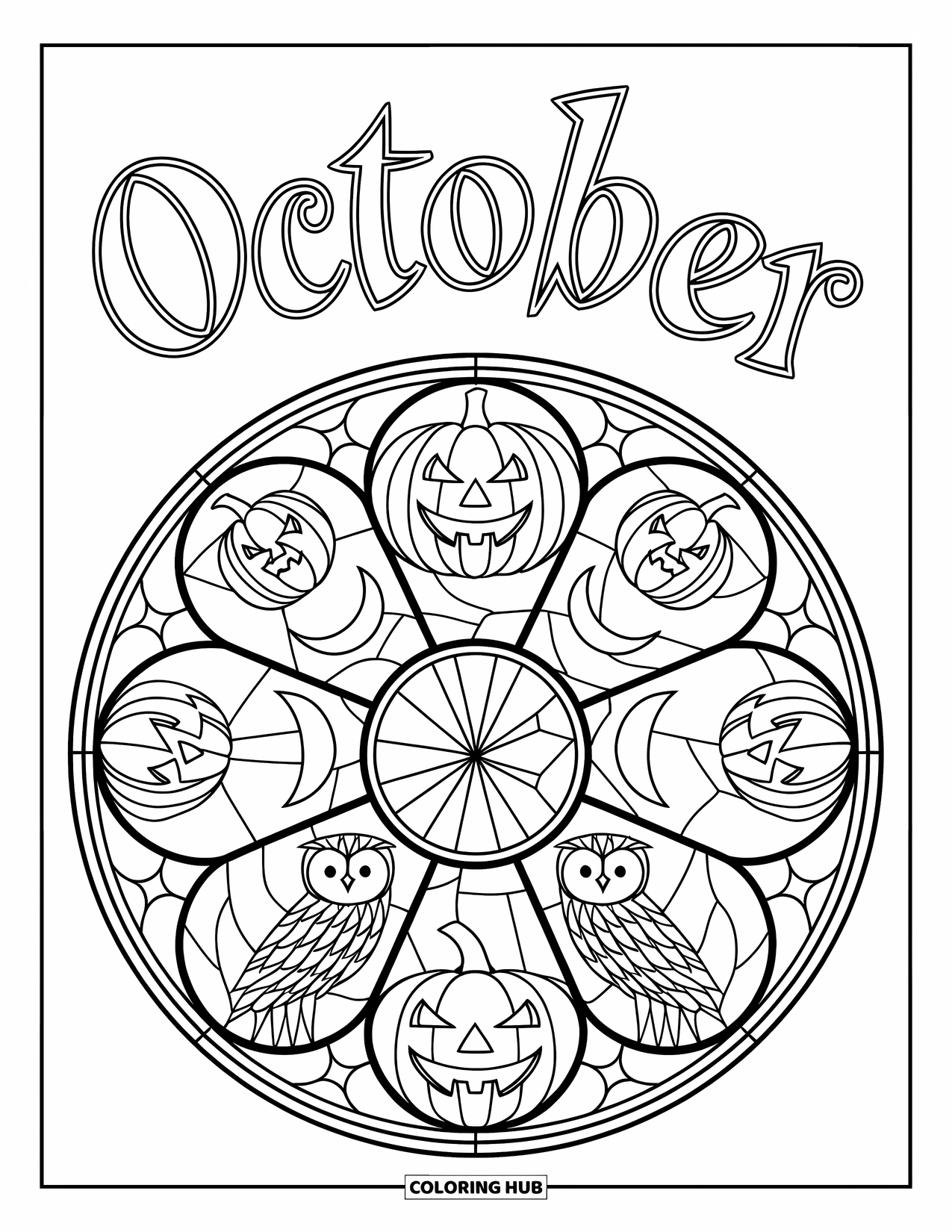 October Coloring Page for Adults: A stained glass circle shows jack-o'-lanterns, owls, and moons around the word October