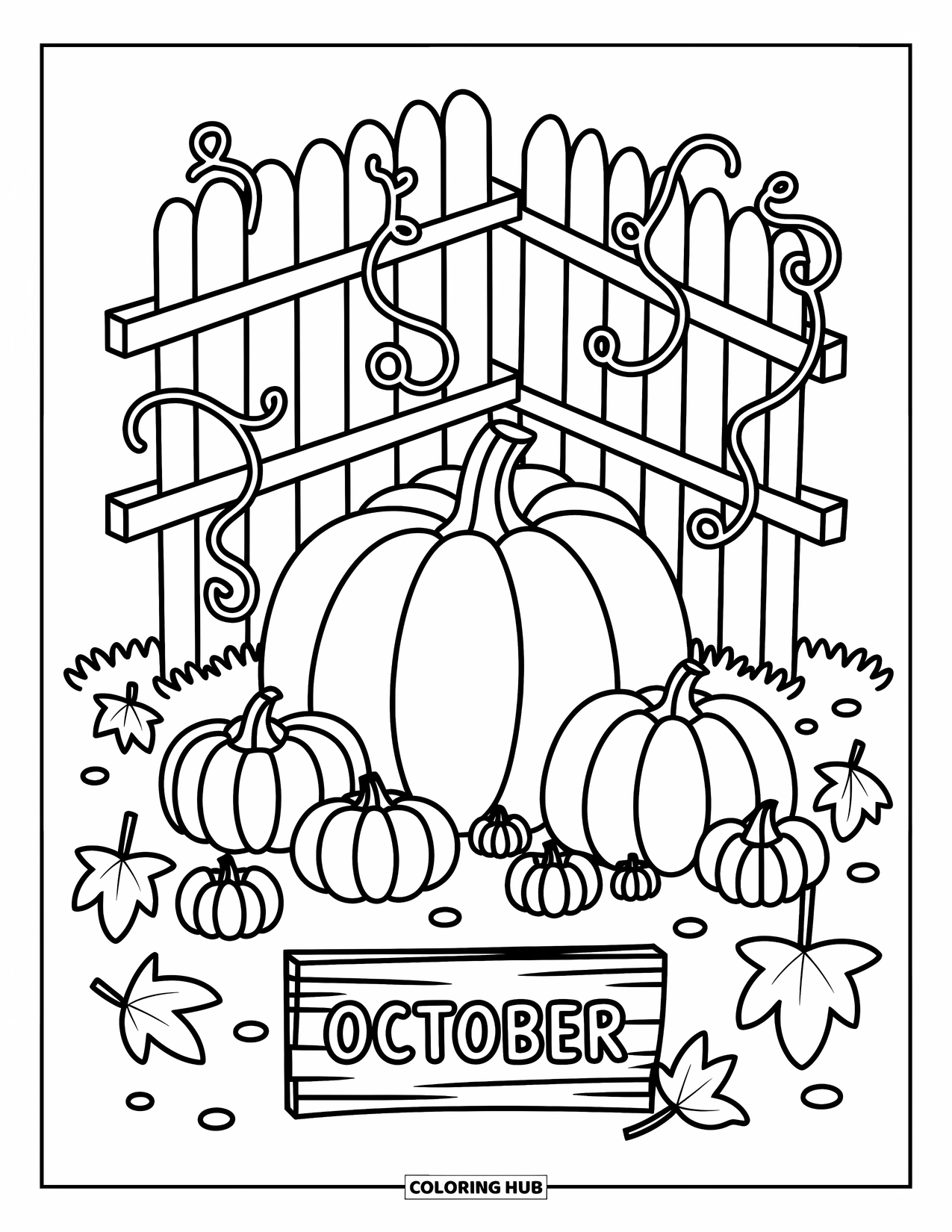 October Coloring Page for Adults: A sweet pumpkin patch with winding vines and a wooden sign that reads October