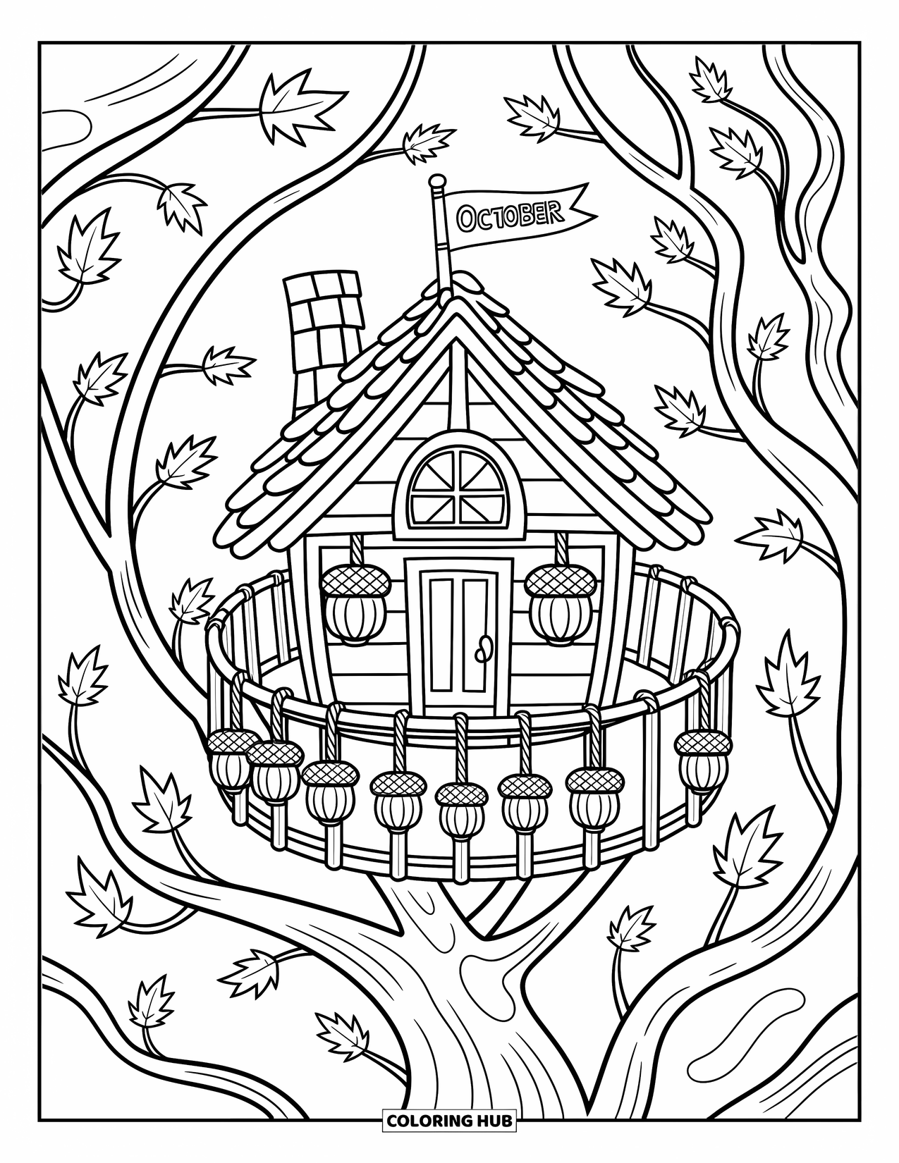 October Coloring Page for Adults: A tiny treehouse with acorn lanterns and an October flag among swirling leaves