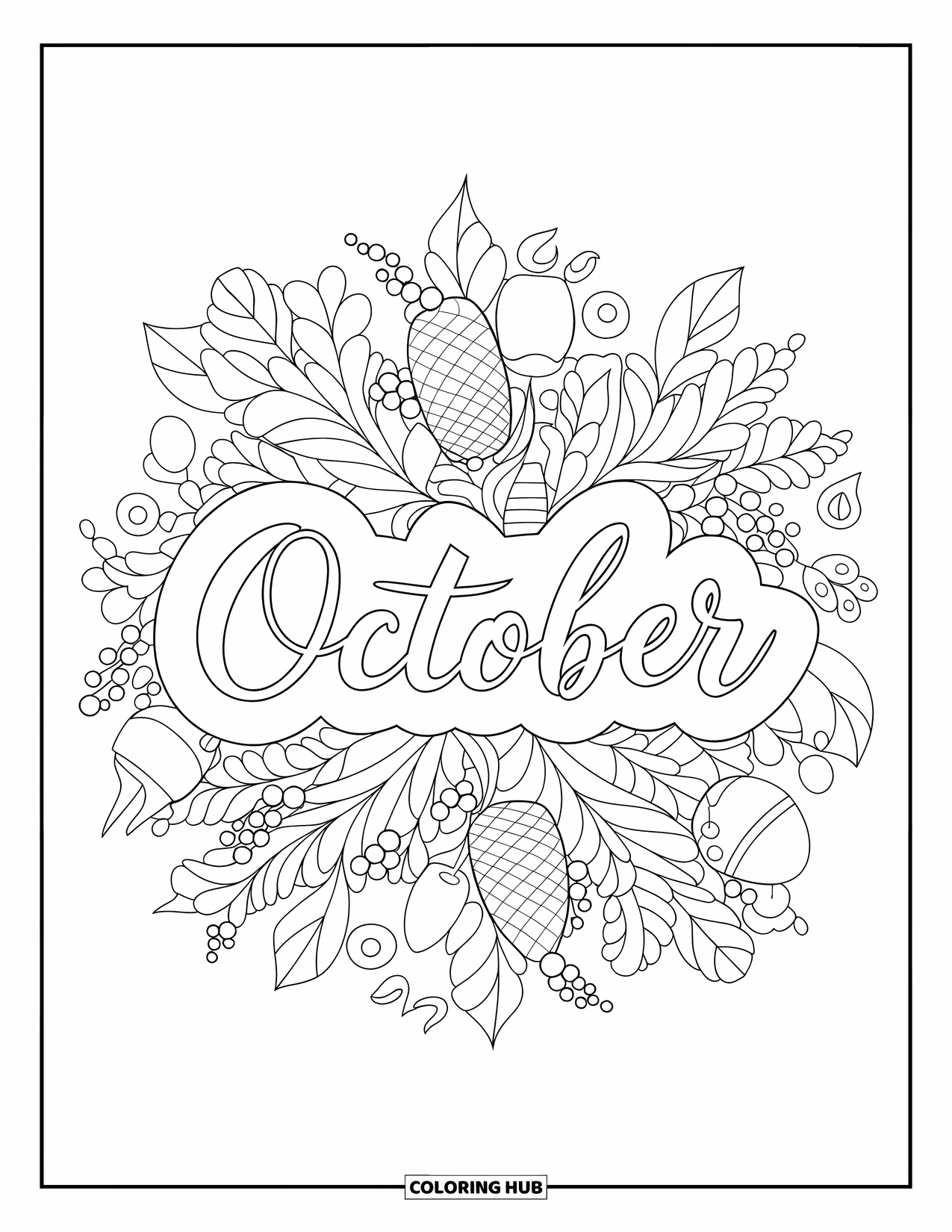 October Coloring Page for Adults: Elegant script spells October inside a botanical mandala of berries, leaves, and acorns