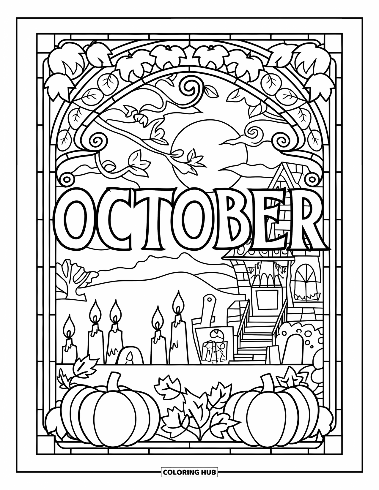 October Coloring Page for Adults: October appears in stained glass with pumpkins and vines next to a haunted house scene