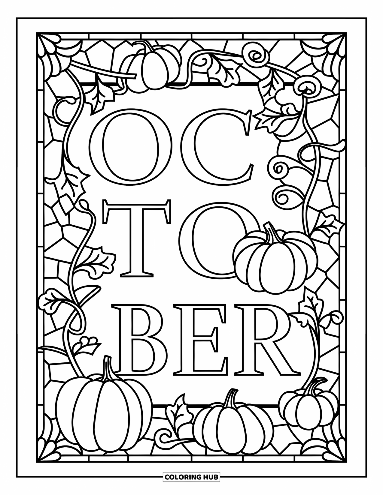October Coloring Page for Adults: October stands tall among stained glass leaves, vines, and pumpkins