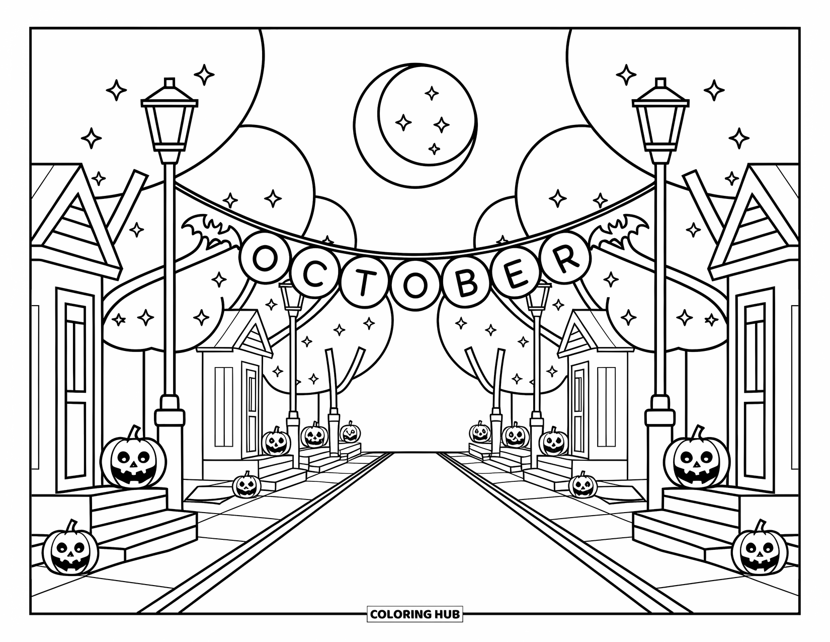 October Coloring Page for Adults: Smiling jack-o'-lanterns and friendly bats decorate a quiet street under an October banner
