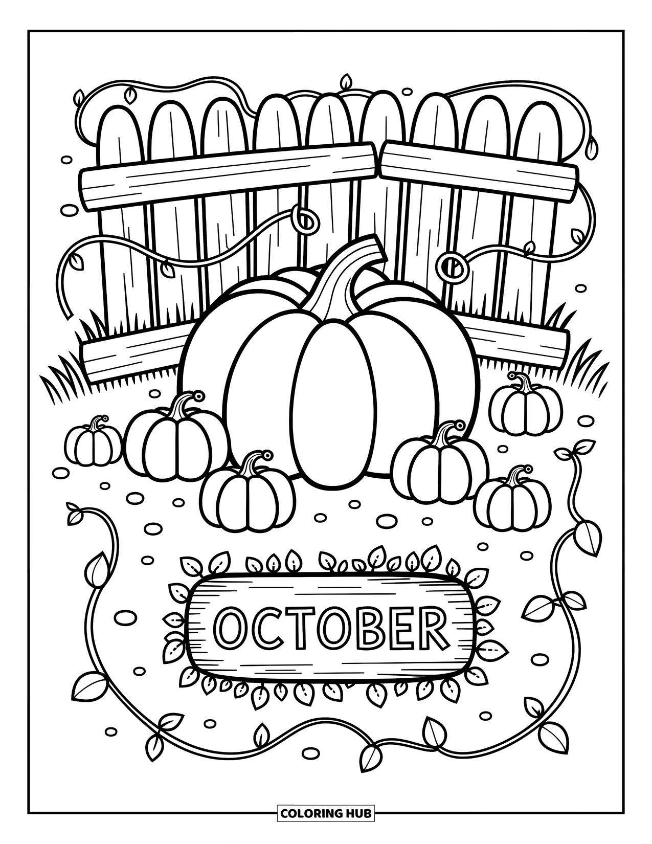 October Coloring Page for Adults: Tiny pumpkins and curling vines fill a cozy patch with an October sign in the center