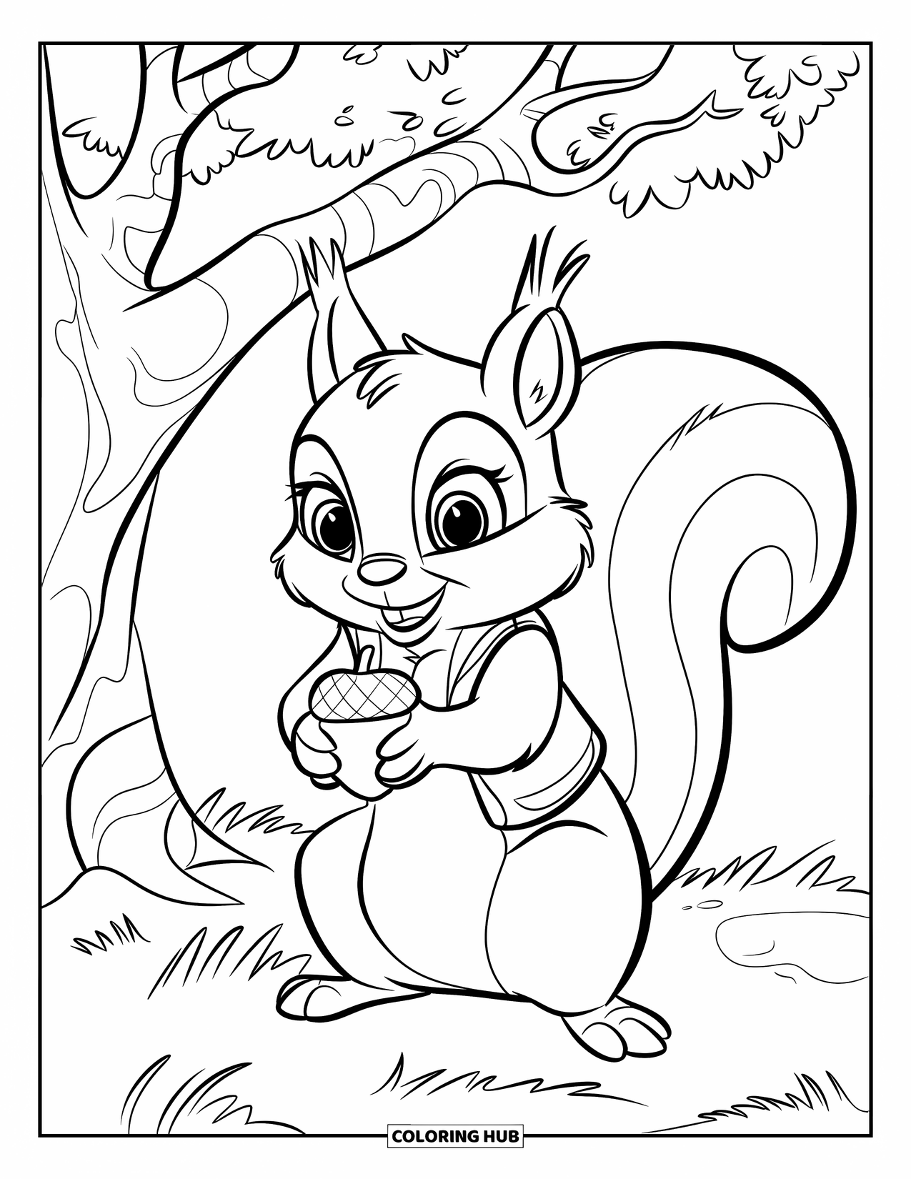 October Coloring Page for Kids: A big-eyed squirrel wearing a vest holds an acorn under a tree