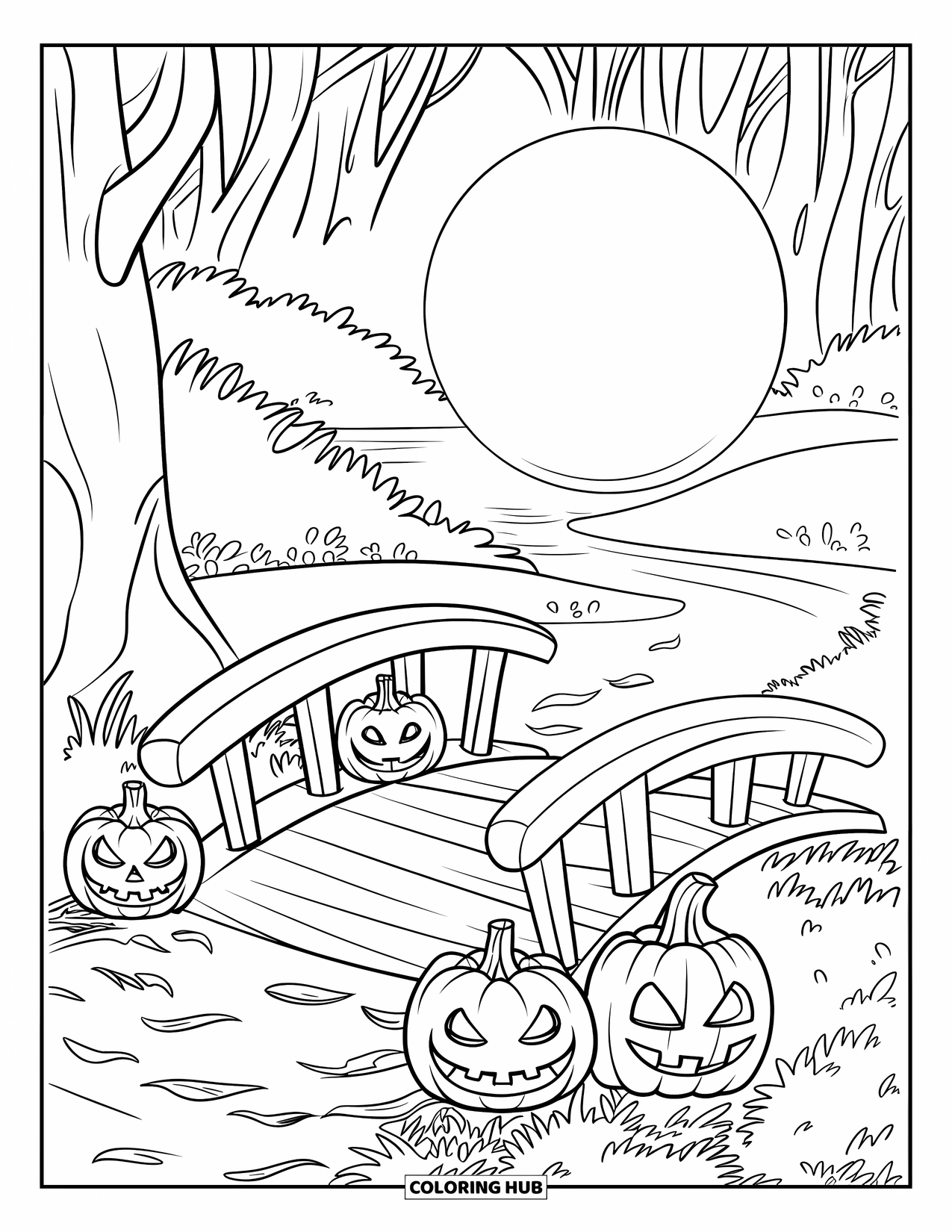 October Coloring Page for Kids: A bridge over a stream lined with jack-o'-lanterns and fallen autumn leaves