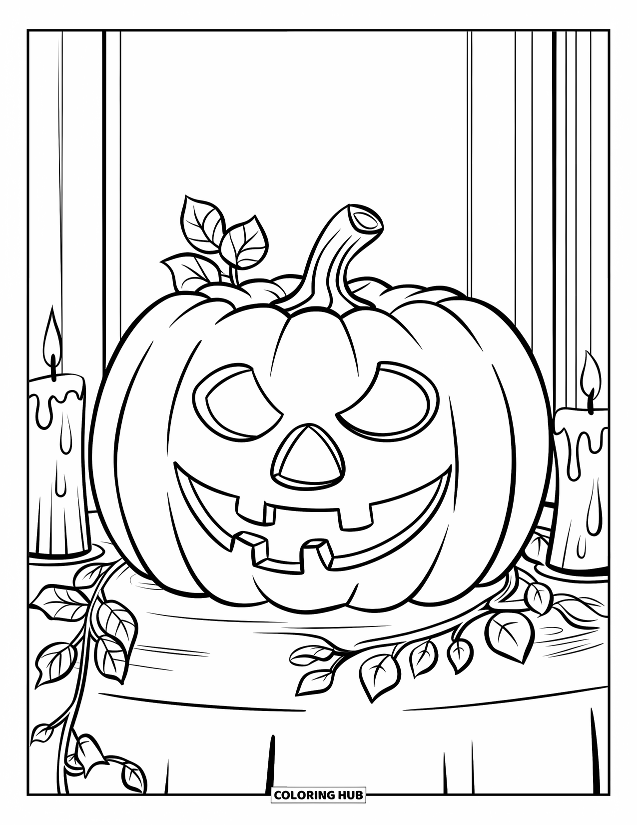 October Coloring Page for Kids: A cheerful jack-o'-lantern on a table with vines and glowing candles