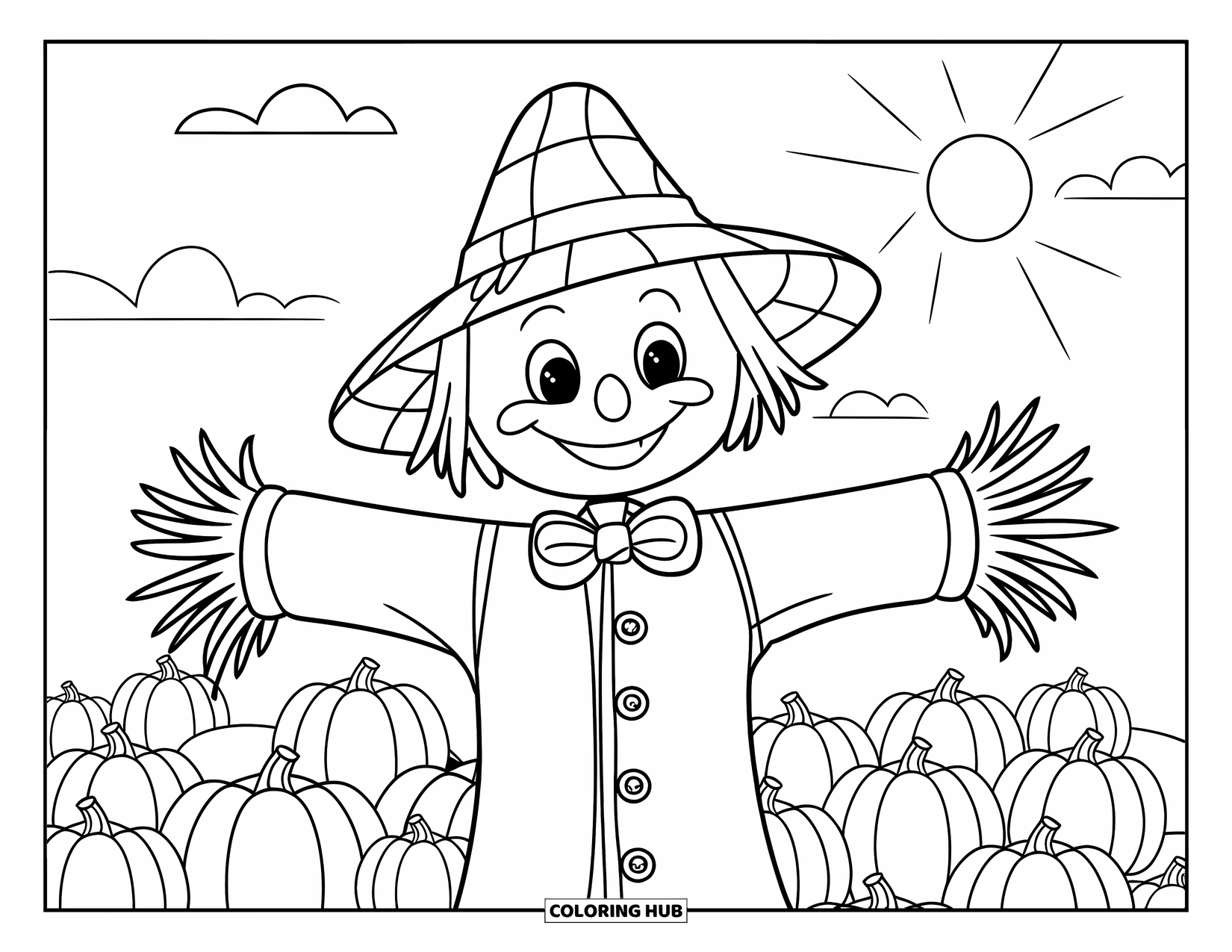 October Coloring Page for Kids: A cheerful scarecrow stands among pumpkins on a sunny fall day