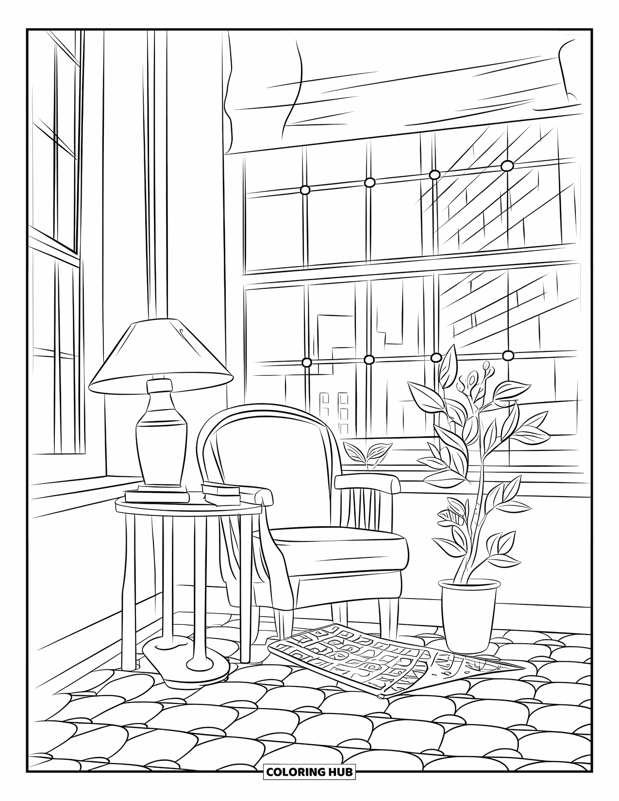 October Coloring Page for Kids: A comfy reading corner with books, blankets, and a warm drink