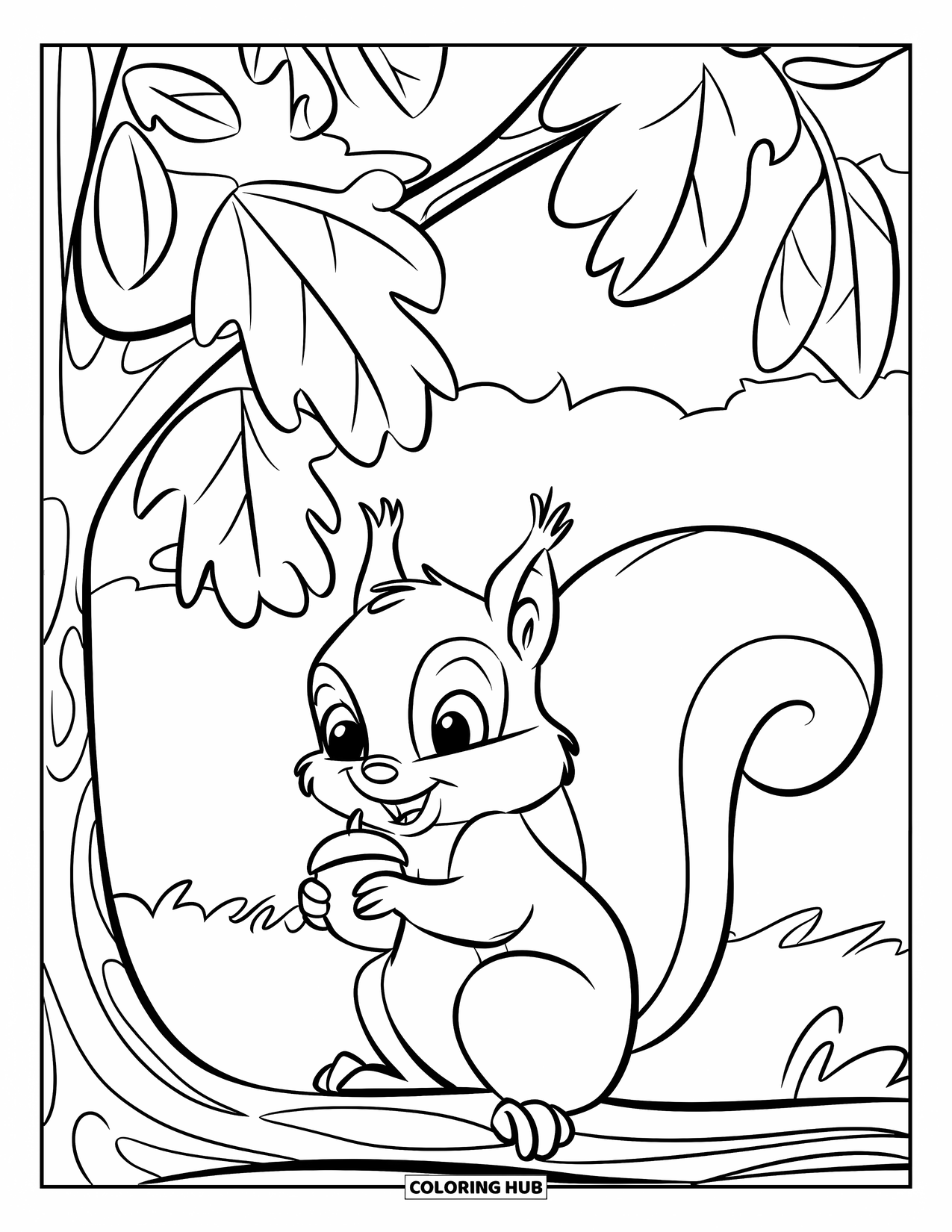 October Coloring Page for Kids: A cute squirrel hugs an acorn under a tree branch
