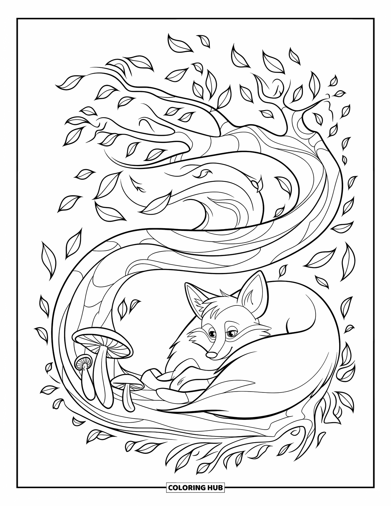 October Coloring Page for Kids: A fox naps beneath a swirling tree surrounded by mushrooms