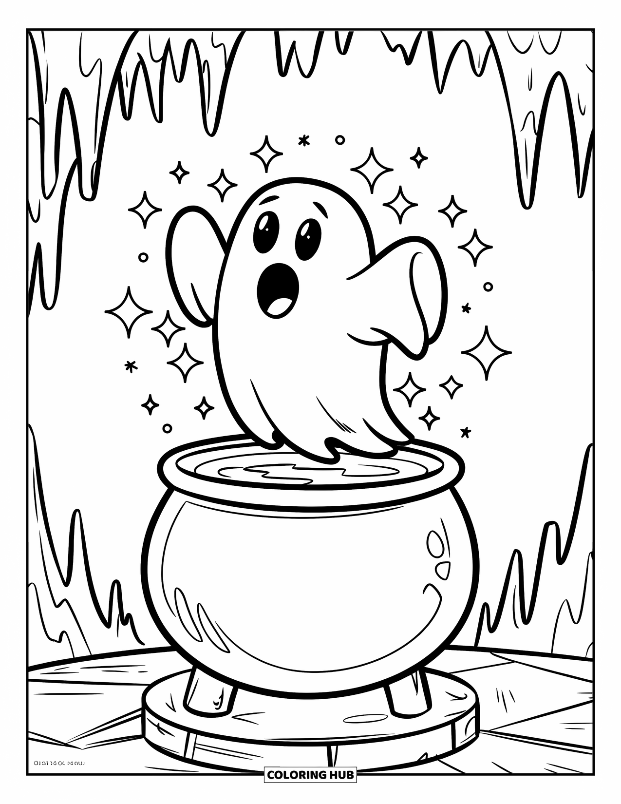 October Coloring Page for Kids: A ghost floats from a cauldron surrounded by magical sparkles
