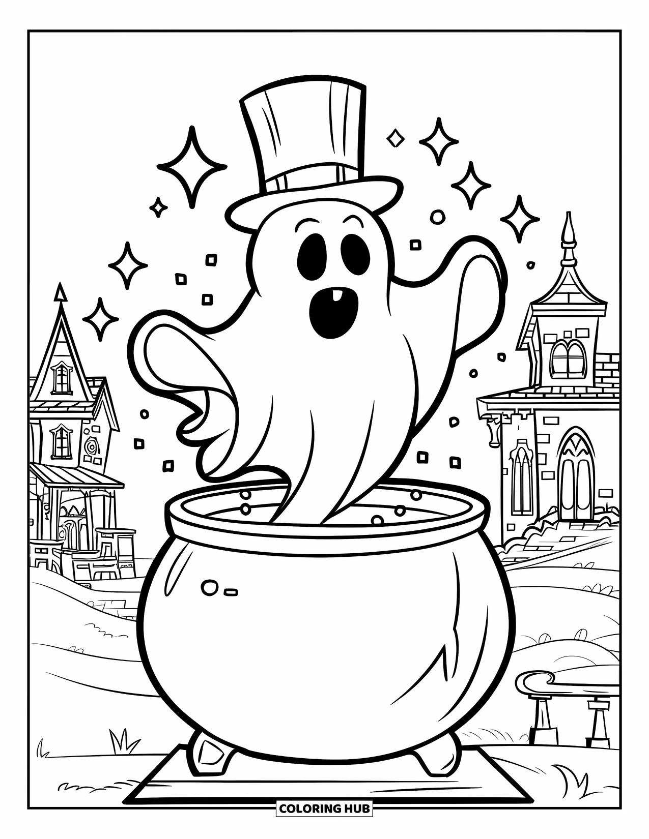 October Coloring Page for Kids: A ghost in a top hat rises from a bubbling magic cauldron