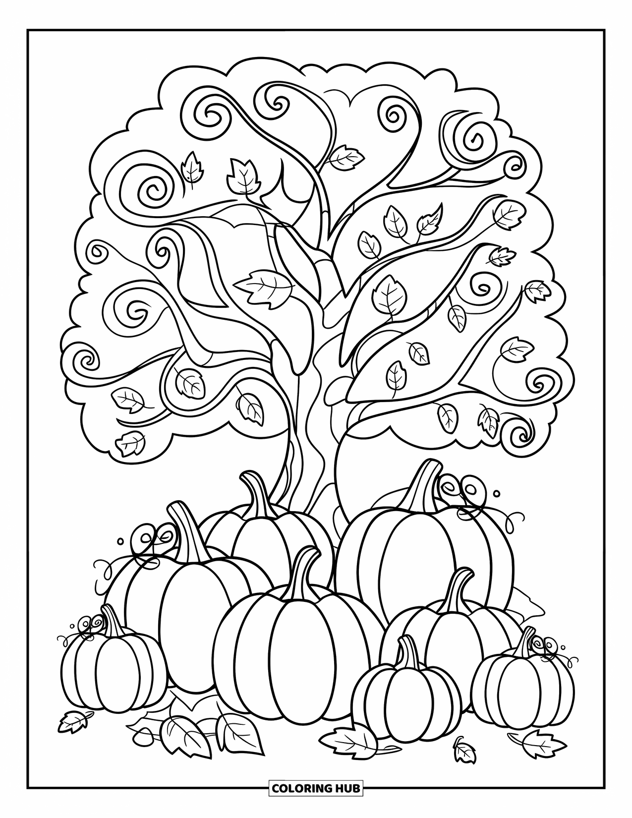 October Coloring Page for Kids: A group of pumpkins under a large autumn tree with swirling leaves