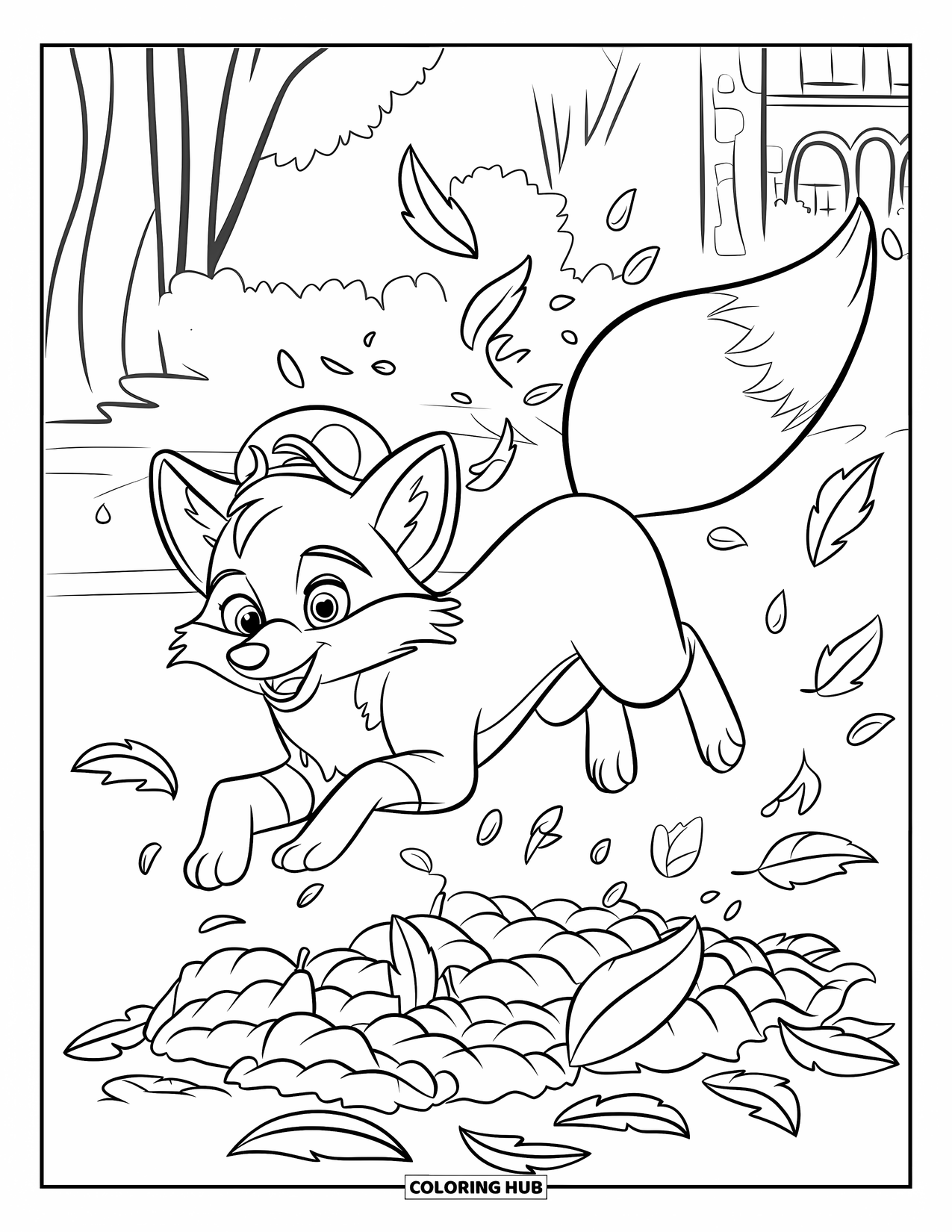October Coloring Page for Kids: A happy fox with a hat jumps into a pile of crunchy leaves