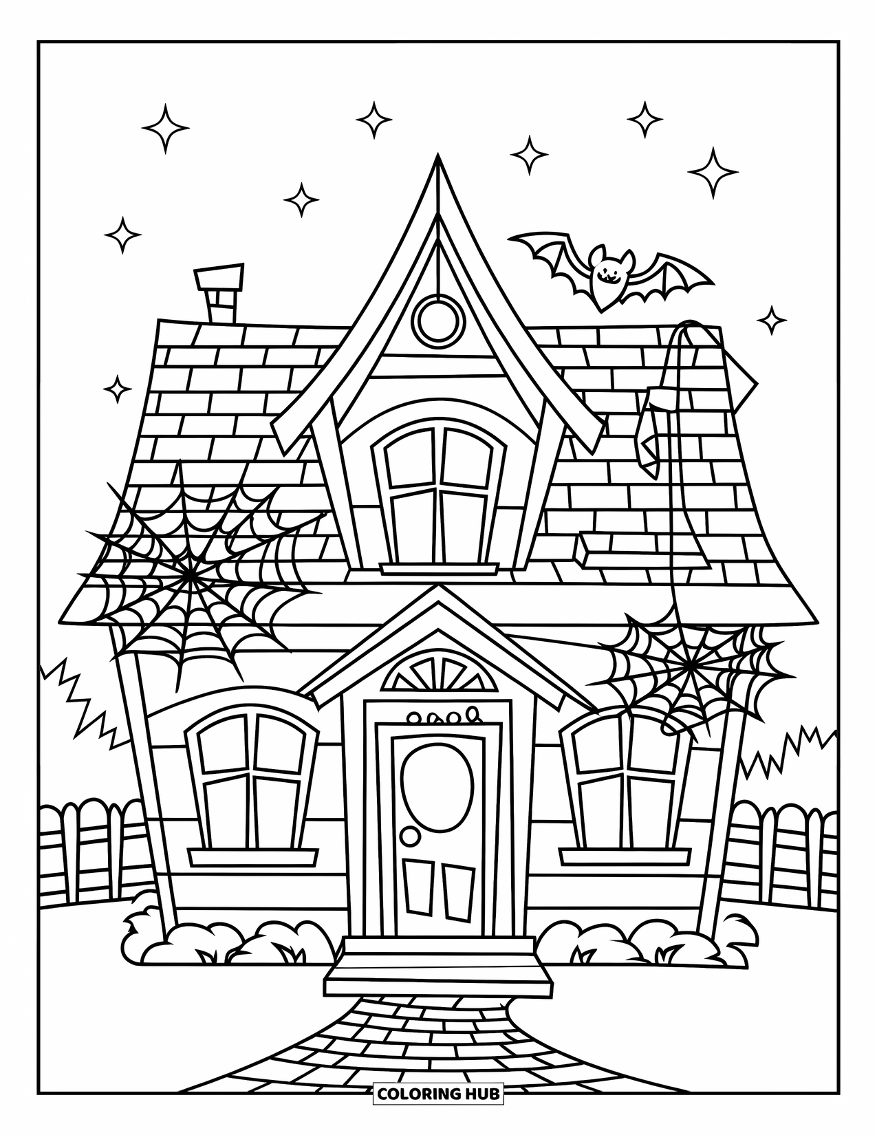 October Coloring Page for Kids: A haunted house with a bat and spider web under a starry sky