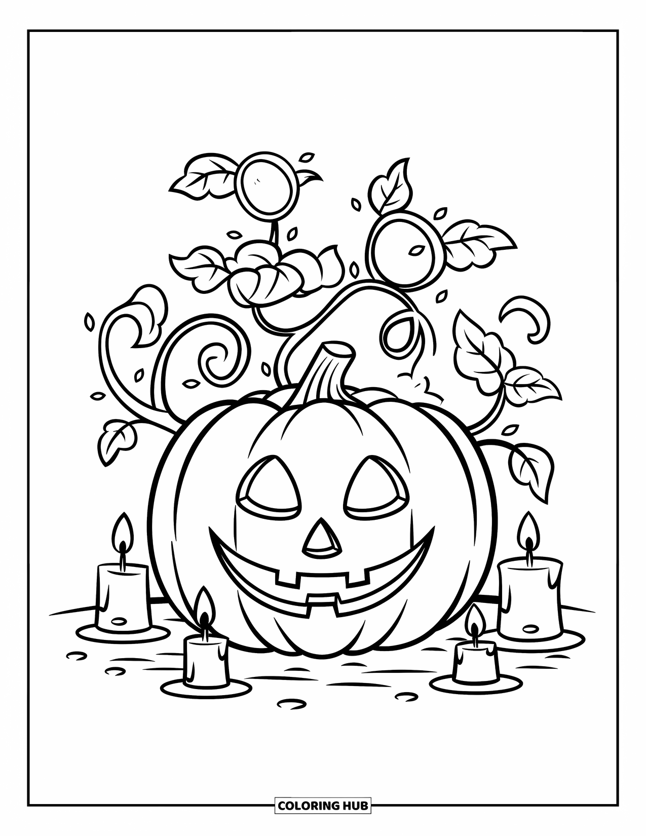 October Coloring Page for Kids: A jack-o'-lantern with leafy vines and small candles around it