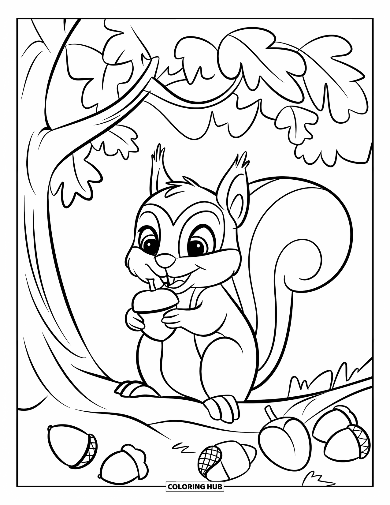October Coloring Page for Kids: A little squirrel holding an acorn under a tree with big leaves