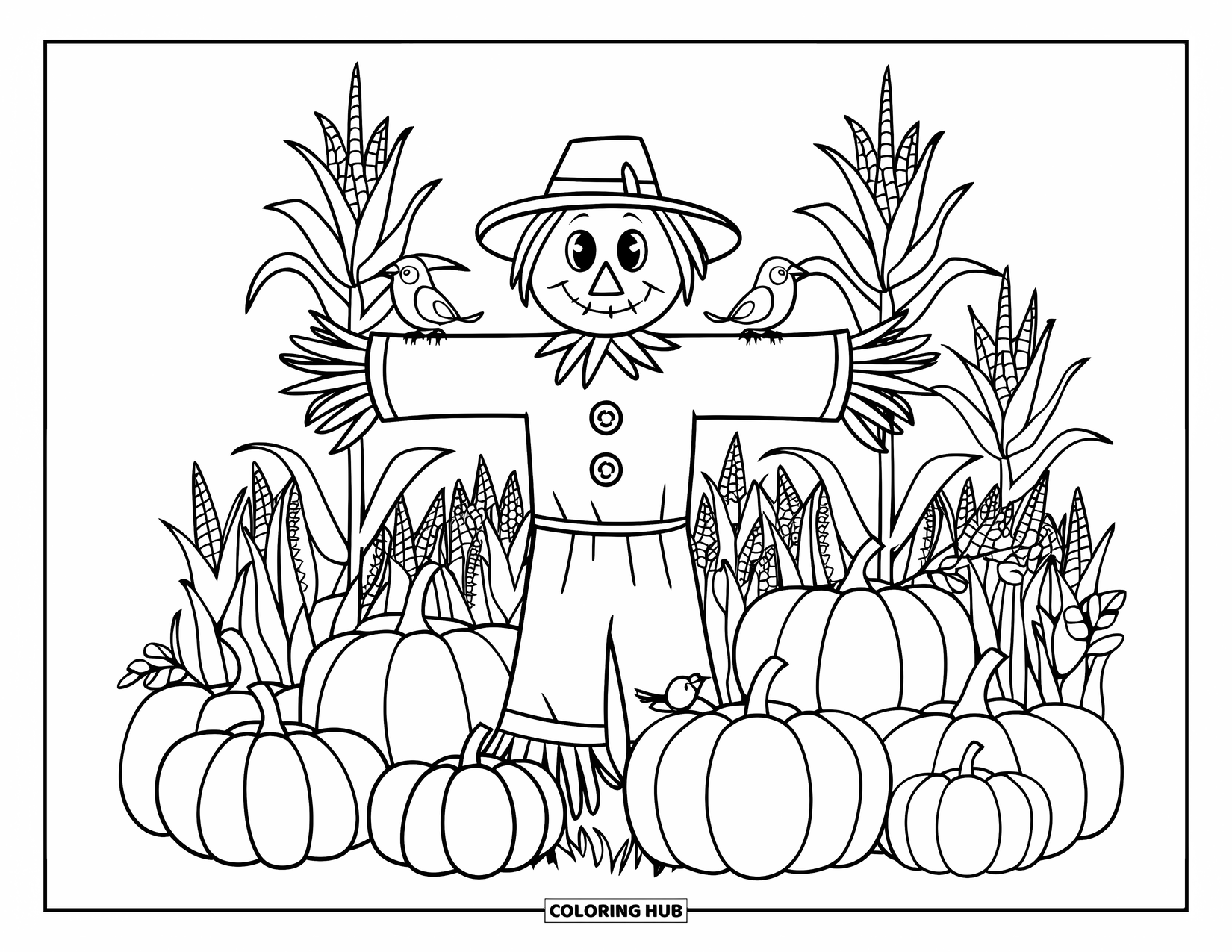 October Coloring Page for Kids: A patchy scarecrow with birds and pumpkins fills this cozy fall farm scene
