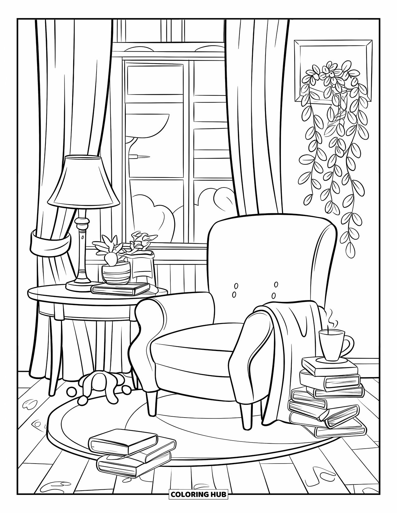 October Coloring Page for Kids: A peaceful book corner with cozy seating and a cup of something warm