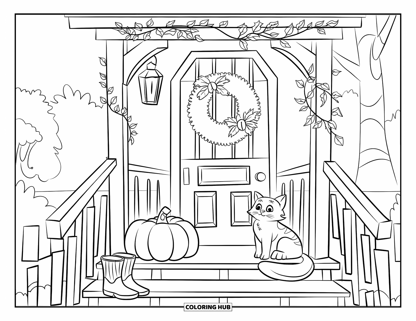 October Coloring Page for Kids: A porch with a pumpkin, a cat, and boots, lit by a lantern