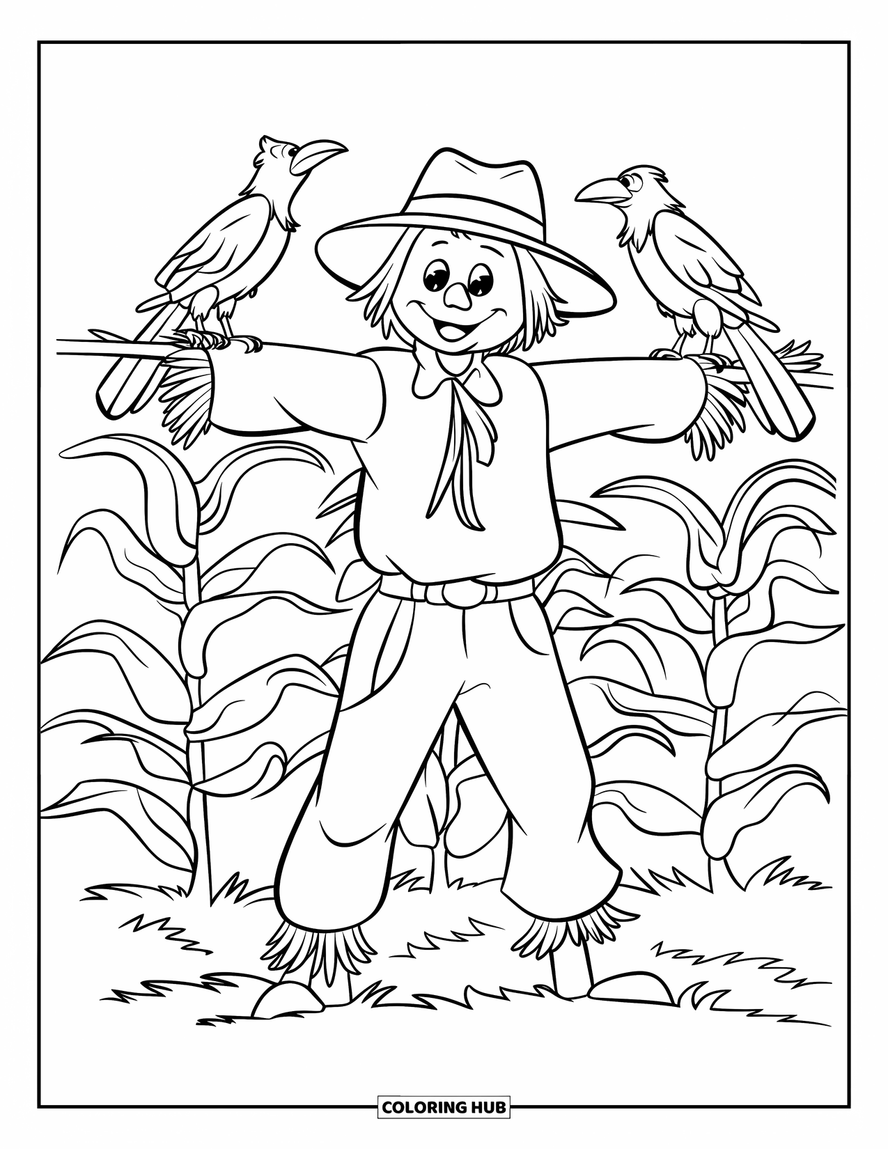 October Coloring Page for Kids: A scarecrow stands tall in a cornfield with two crows perched on it