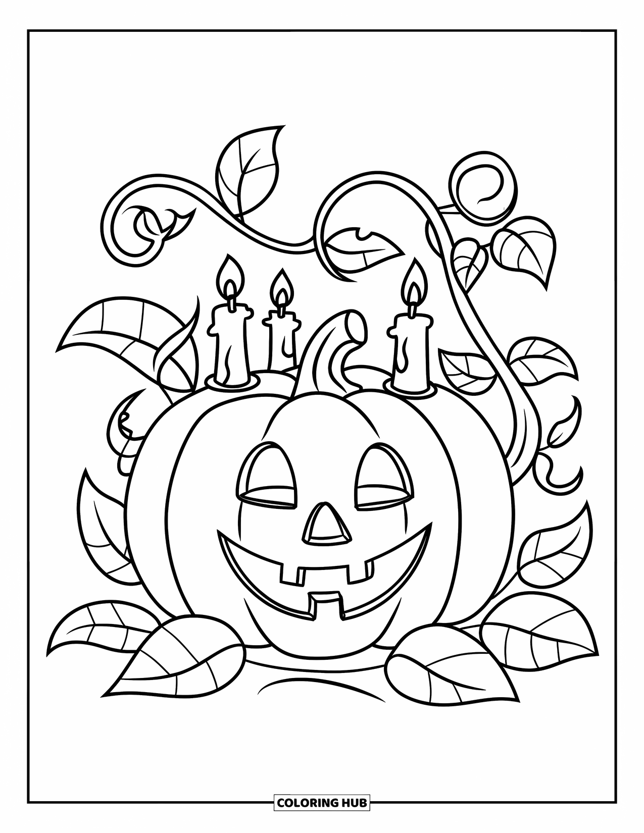 October Coloring Page for Kids: A smiling jack-o'-lantern with vines and three candles around it