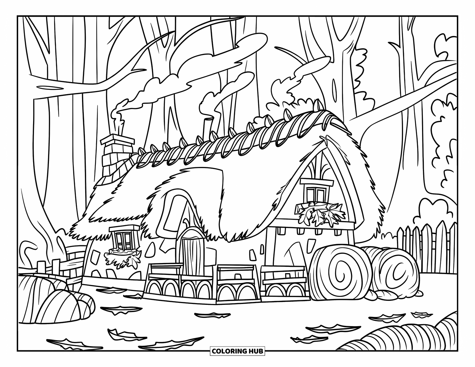 October Coloring Page for Kids: A thatched-roof house with hay bales and fallen leaves near tall trees