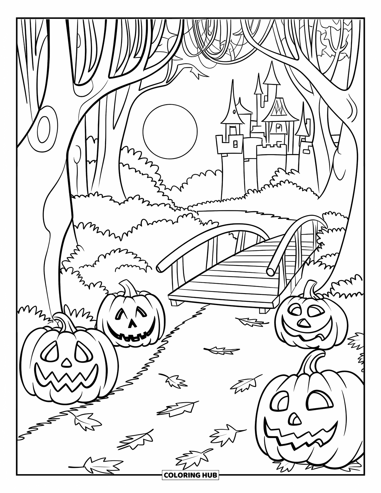 October Coloring Page for Kids: A wooden bridge on a leaf-covered path with jack-o'-lanterns and a distant castle
