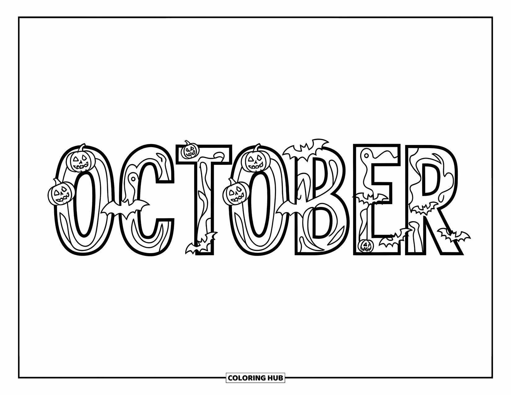 October Coloring Page for Kids: Bats, pumpkins, and ghosts dance through the letters of October