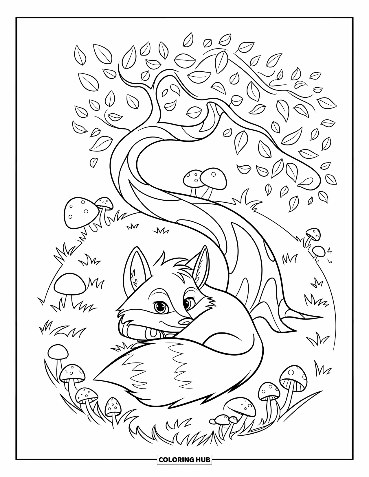 October Coloring Page for Kids: Curled-up fox rests under a tree with swirling leaves and mushrooms