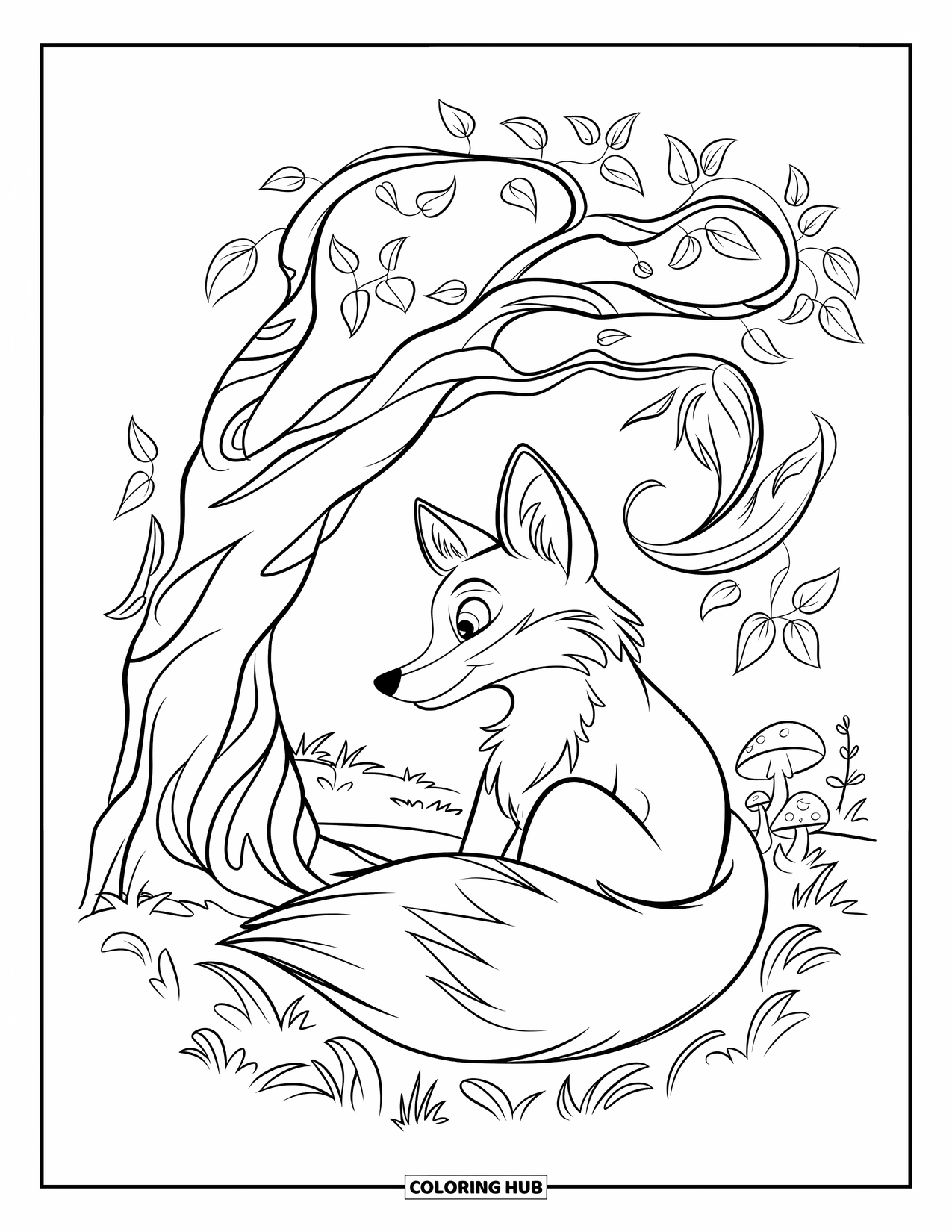 October Coloring Page for Kids: Fluffy fox snuggles beneath a mushroom-covered tree with twirling leaves