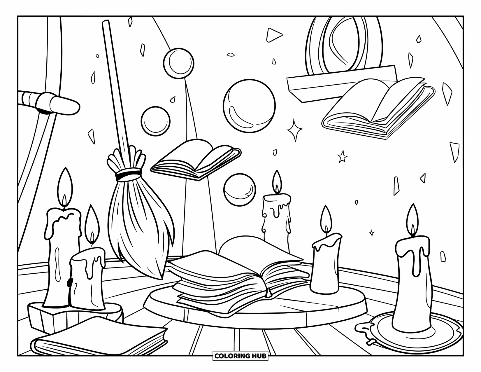 October Coloring Page for Kids: Inside the witch's room-candles, crystal balls, books, and a cozy broom corner