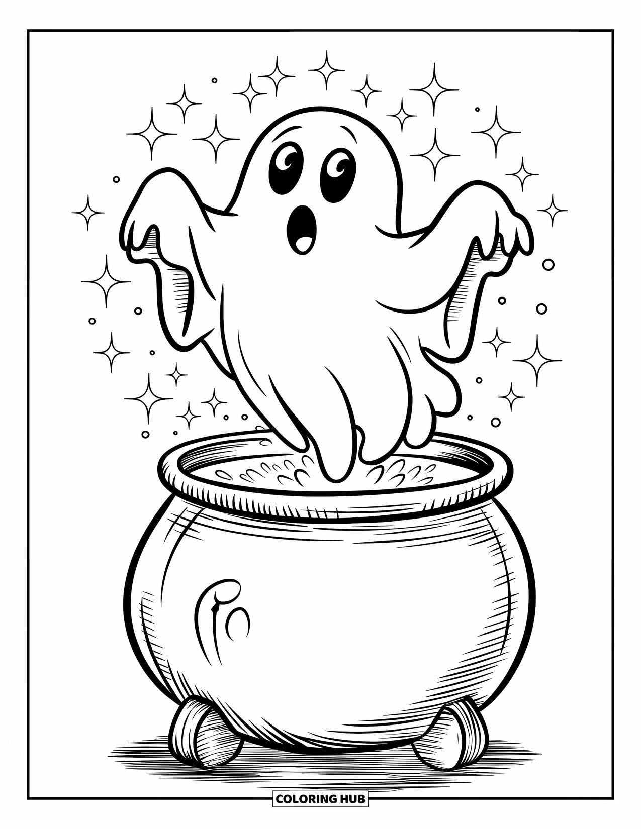 October Coloring Page for Kids: Magical ghost rises from a cauldron ready to spook