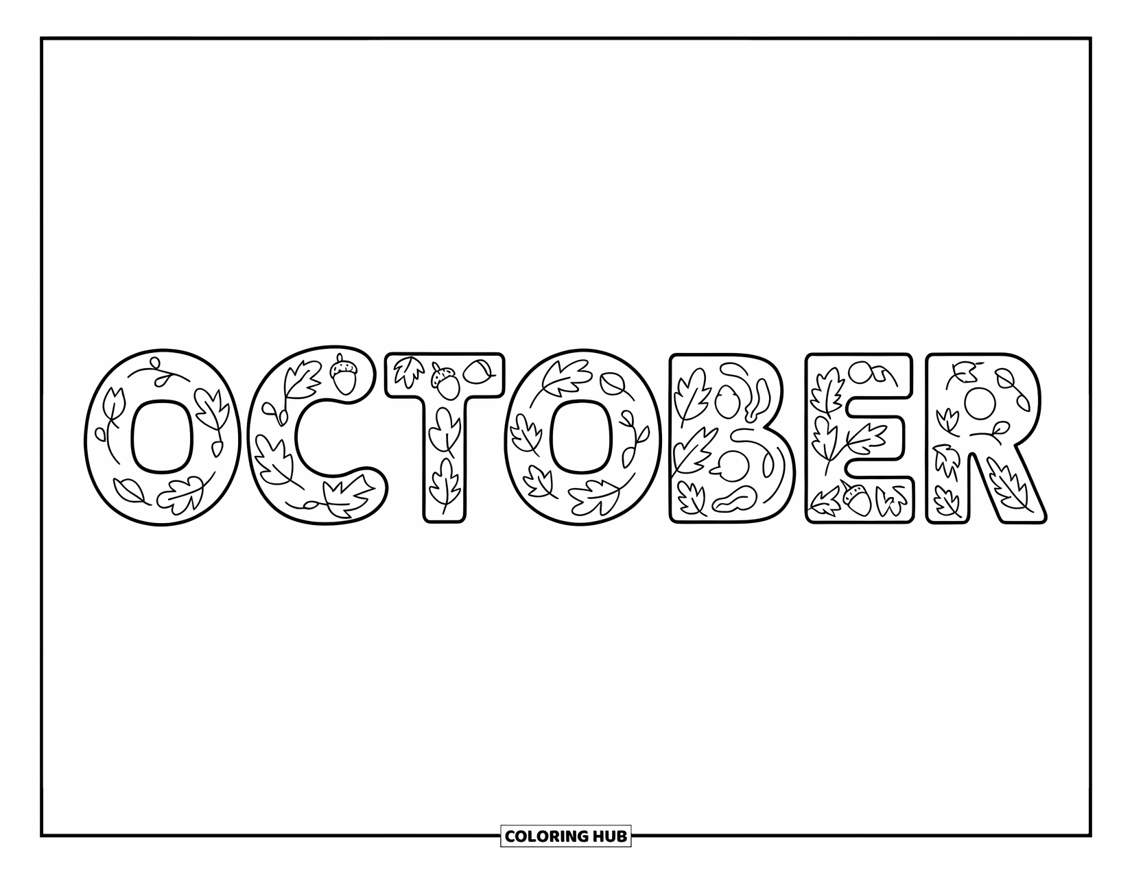 October Coloring Page for Kids: October's letters swirl with fall leaves, acorns, and tiny branches
