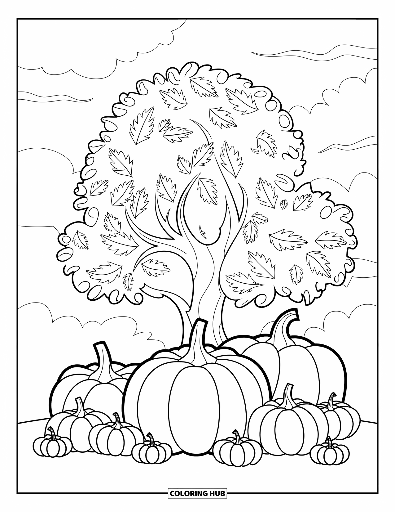 October Coloring Page for Kids: Pumpkins of all sizes sit under a tree with swirling fall leaves