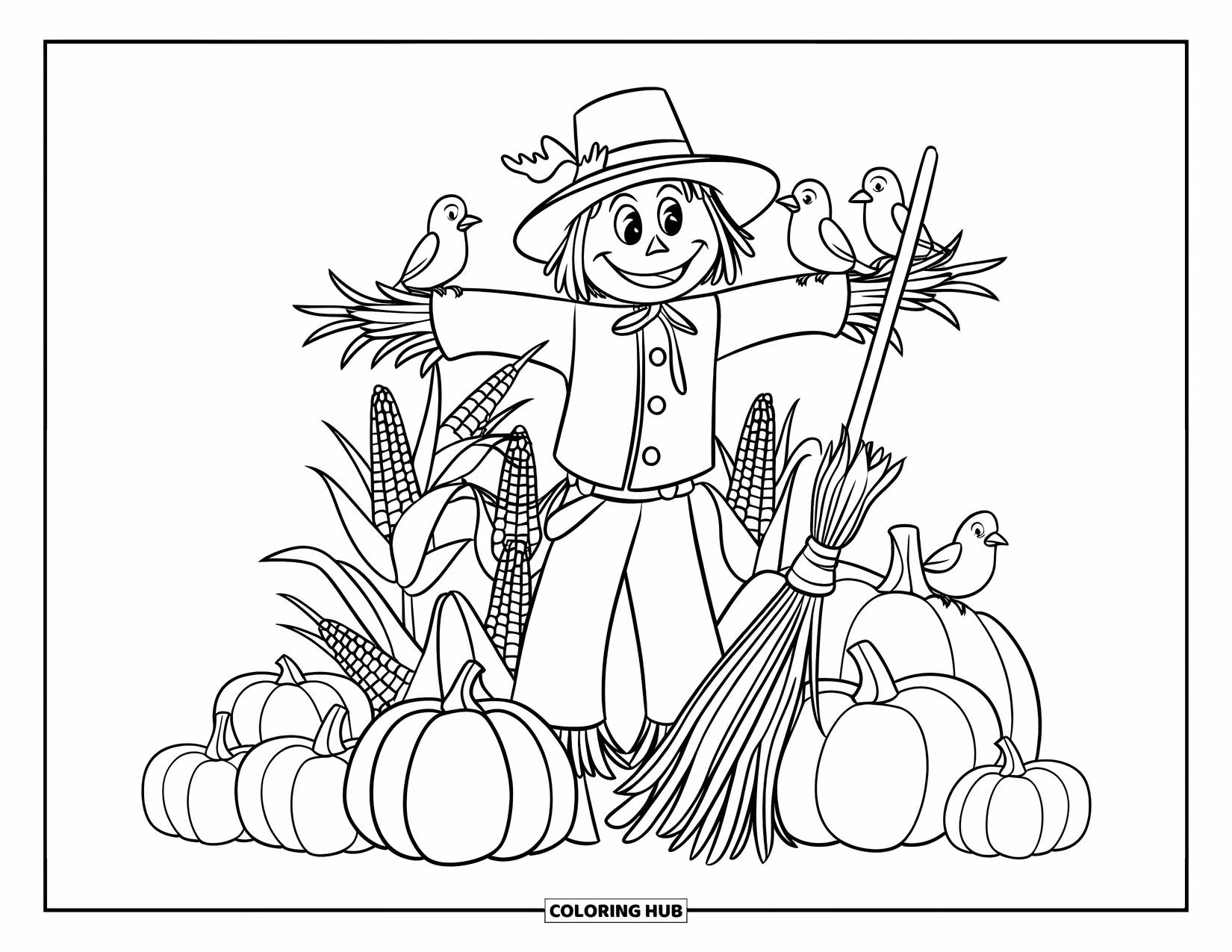 October Coloring Page for Kids: Scarecrow with a broom and pumpkins welcomes the fall season