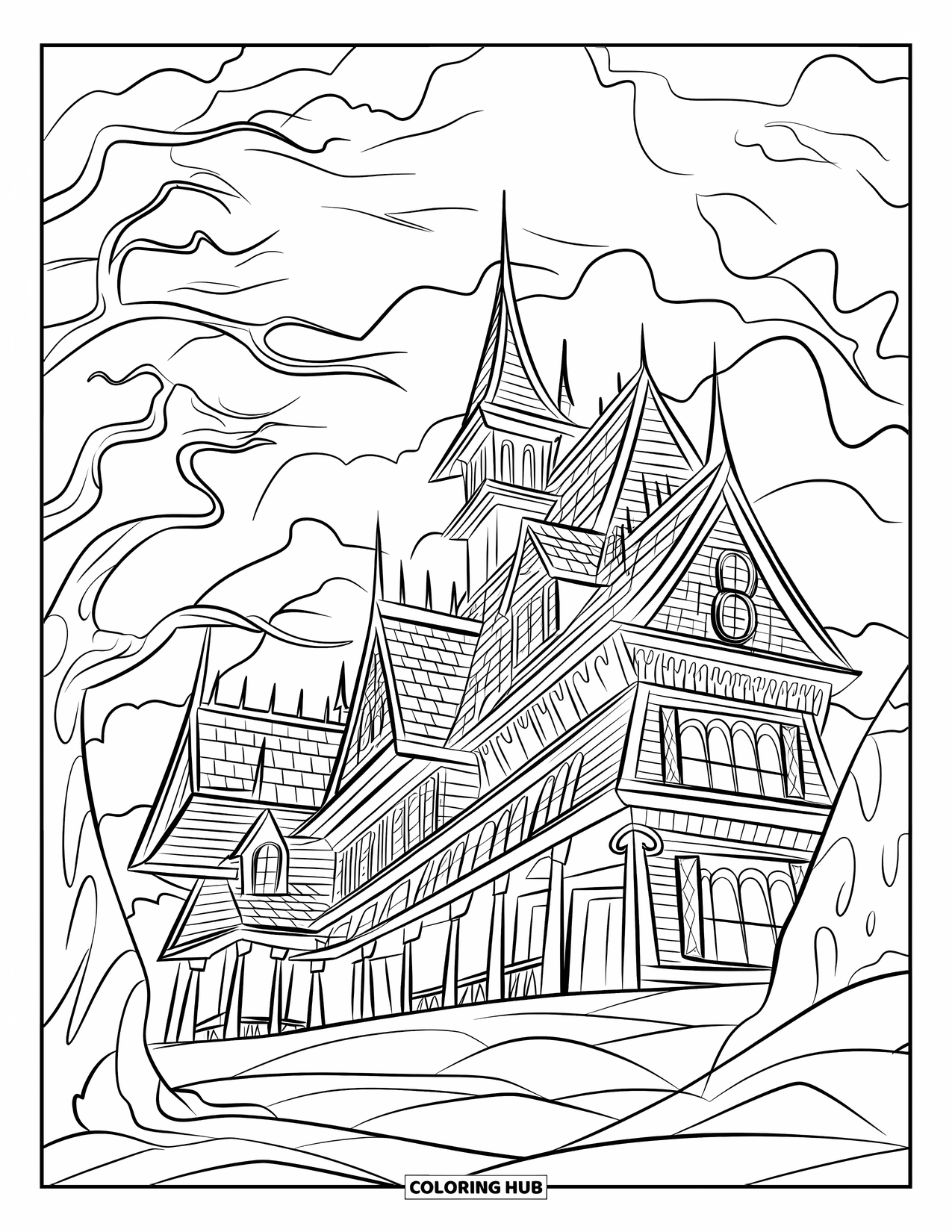 October Coloring Page for Kids: Tall haunted mansion towers among bent trees and stormy clouds