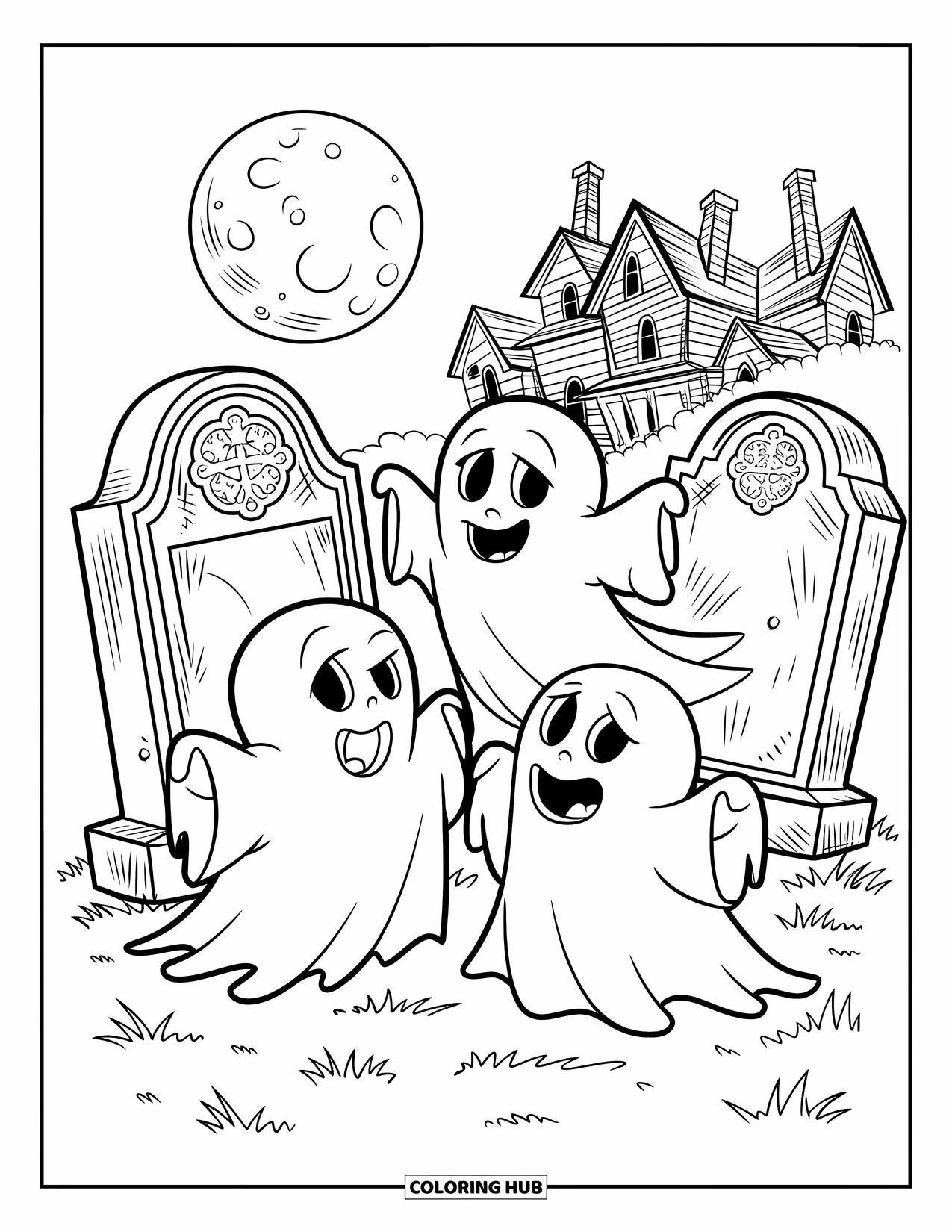 October Coloring Page for Kids: Three playful ghosts wander near gravestones under the full moon