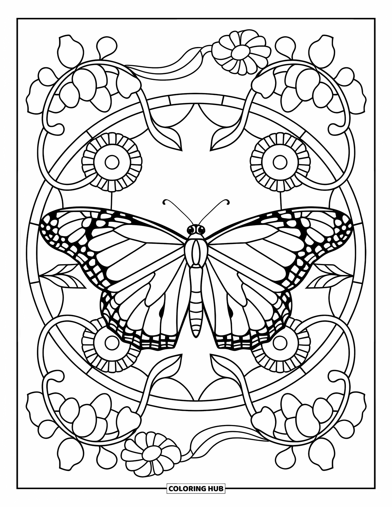 Orange Coloring Page for Adults: A butterfly with open wings rests in stained glass floral patterns