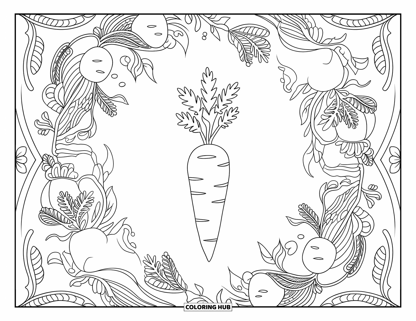 Orange Coloring Page for Adults: A carrot rests in the center of a mandala filled with veggies and vines