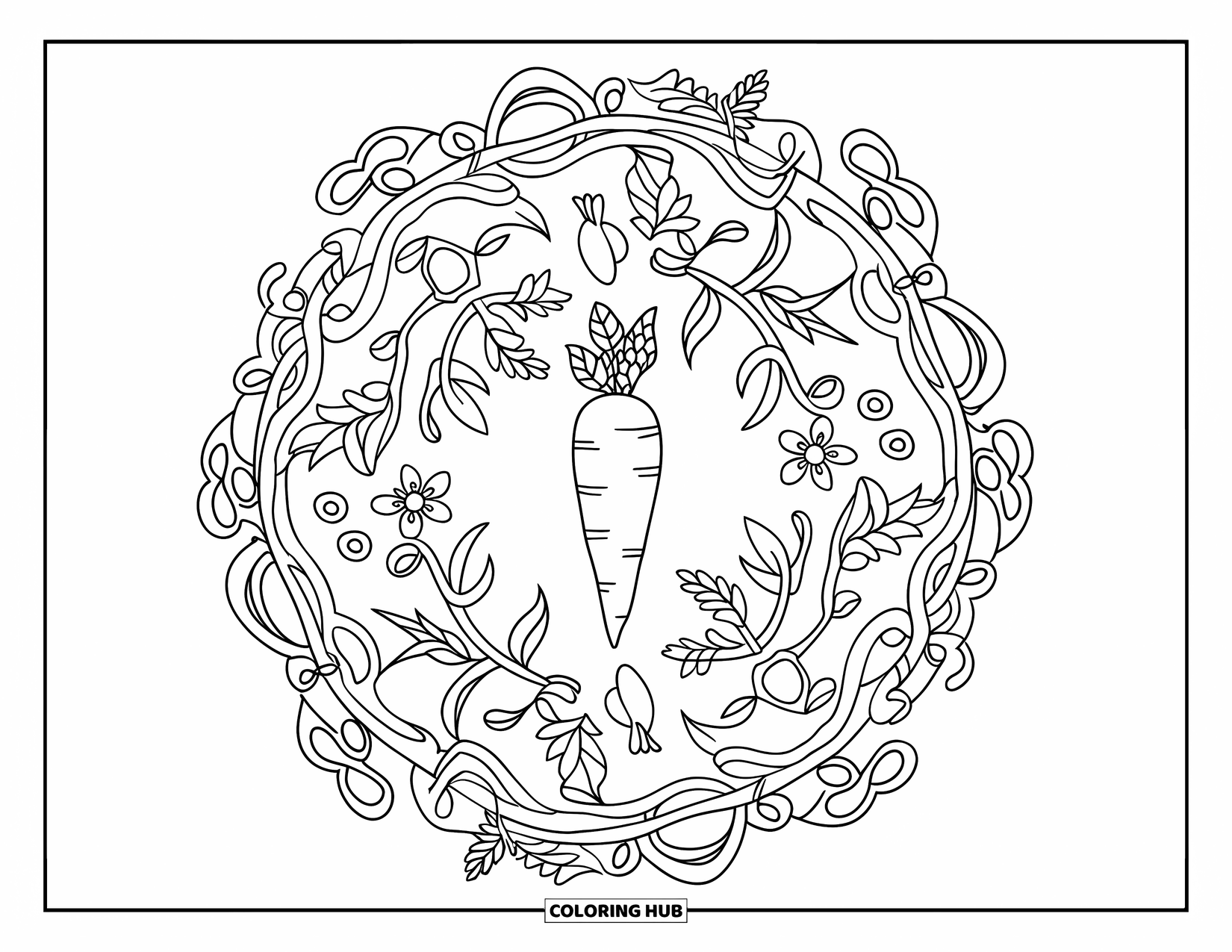 Orange Coloring Page for Adults: A carrot sits in the middle of a botanical mandala of roots and flowers