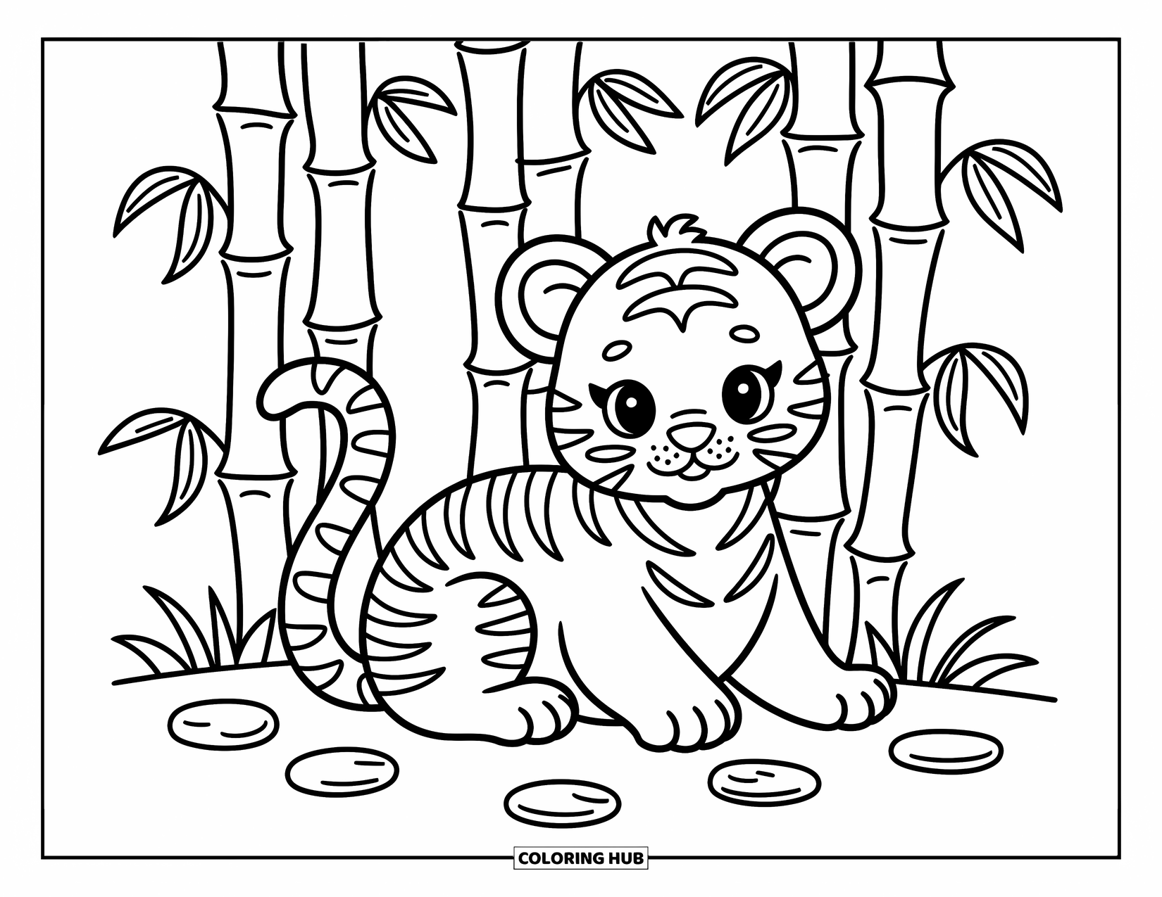 Orange Coloring Page for Adults: A cozy tiger cub curls up under bamboo stalks and soft leafy shapes