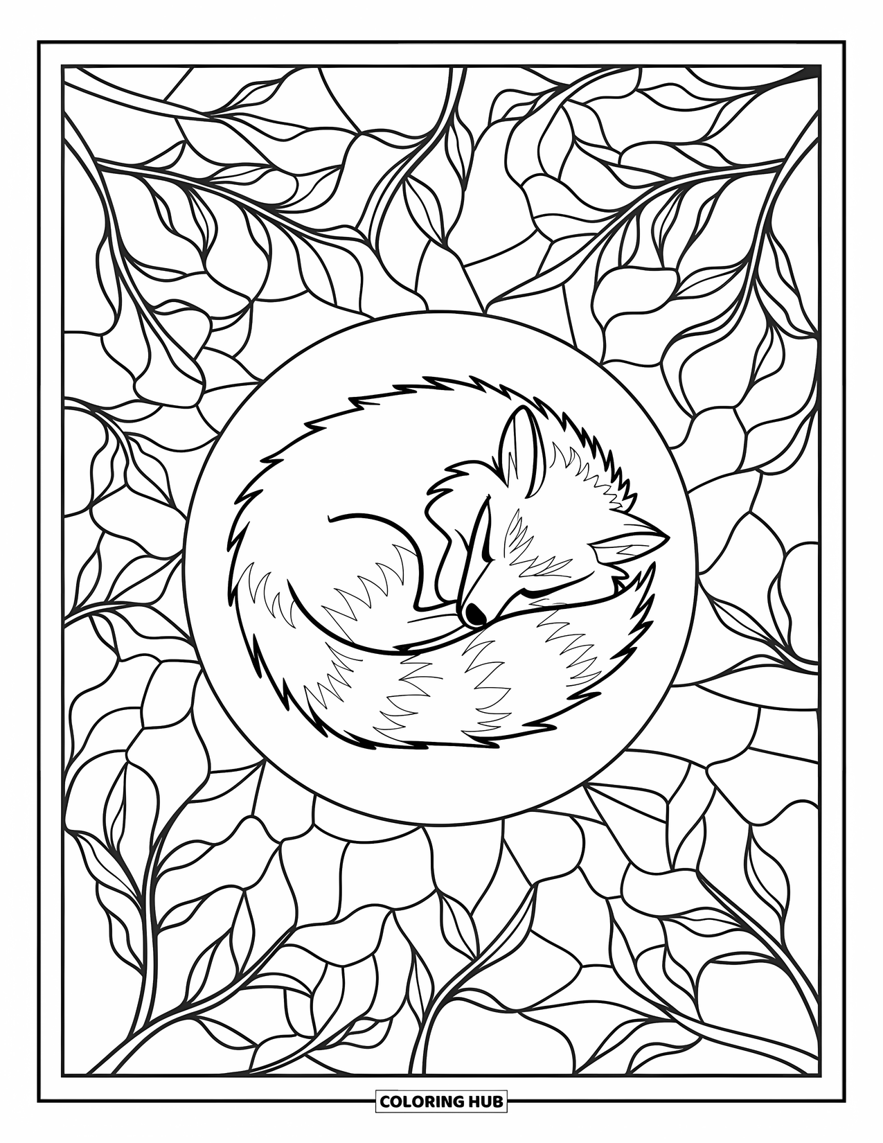 Orange Coloring Page for Adults: A fox curls up in stained glass autumn leaves and branches