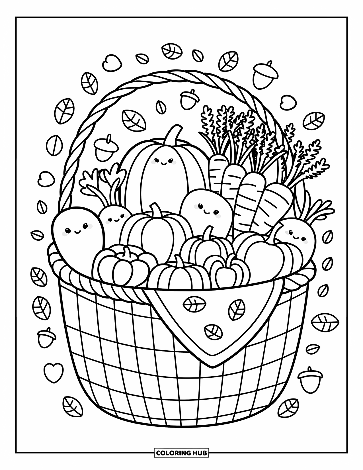 Orange Coloring Page for Adults: A full harvest basket of orange treats sits with leaves and a printed napkin
