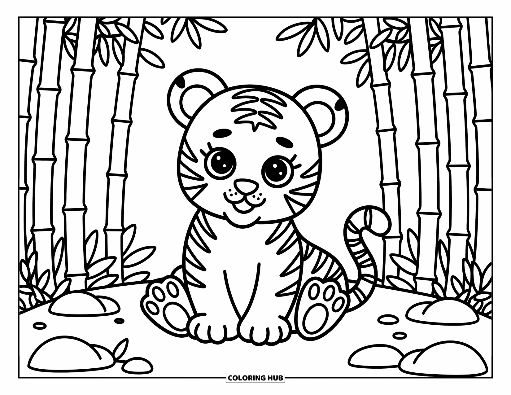 Orange Coloring Page for Adults: A happy tiger cub relaxes near bamboo, rocks, and fallen leaves