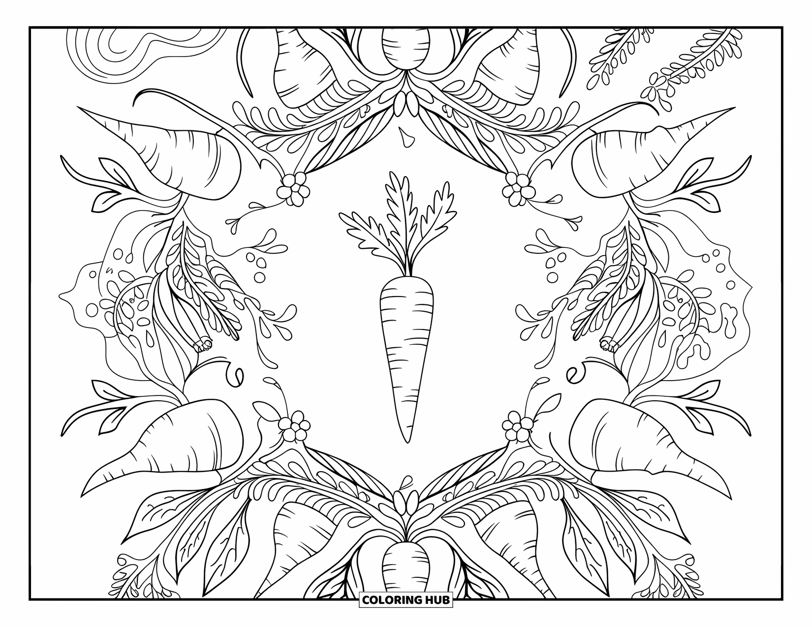Orange Coloring Page for Adults: A leafy carrot is framed by a mandala of roots and delicate vines