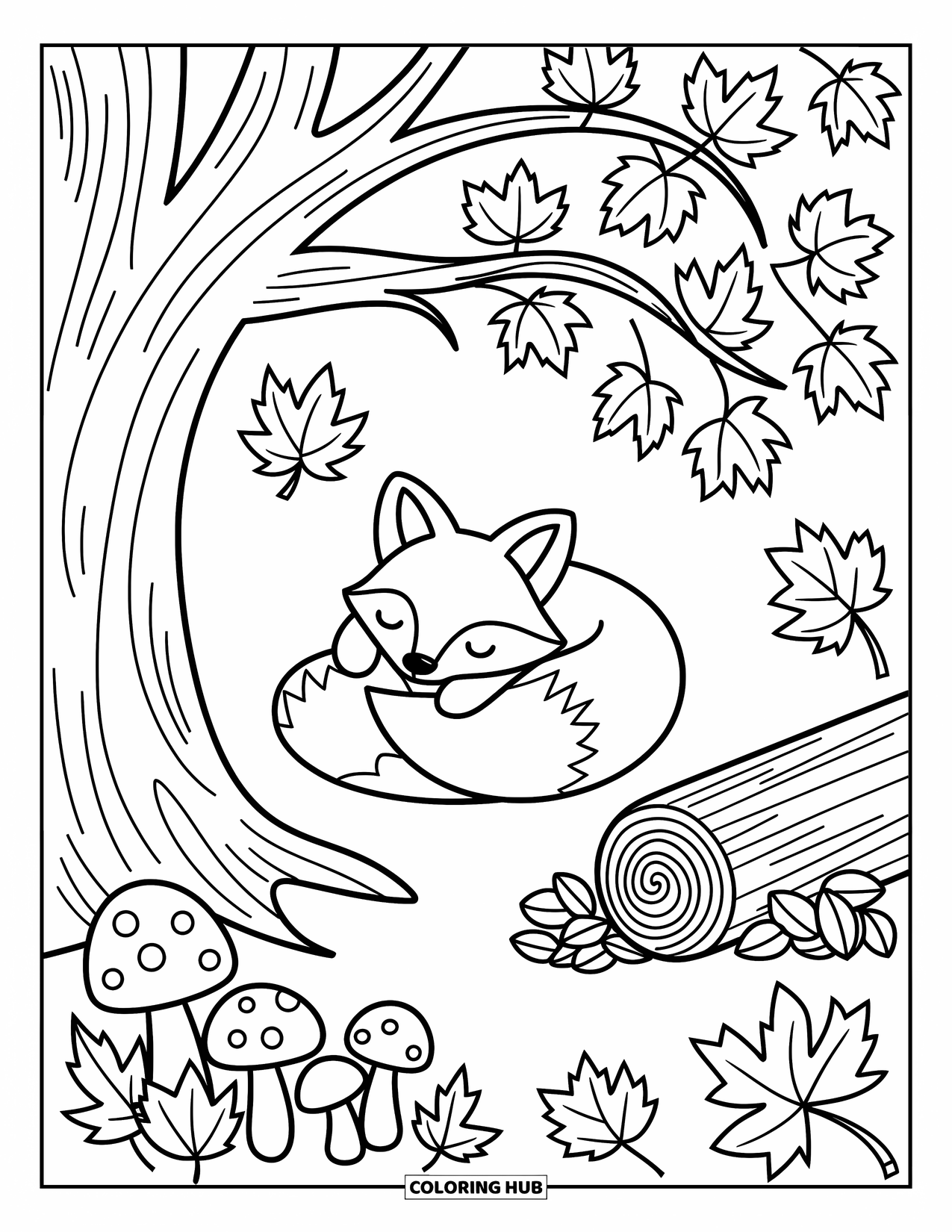 Orange Coloring Page for Adults: A small fox sleeps under a maple tree with fall leaves and tiny mushrooms