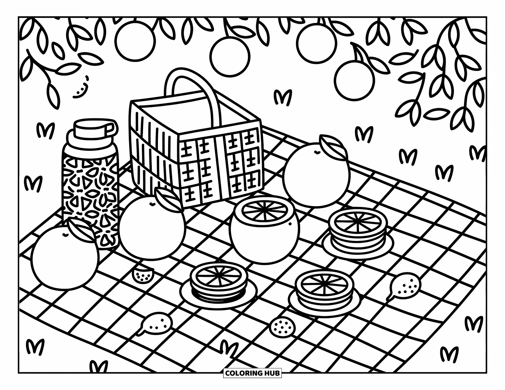 Orange Coloring Page for Adults: A sunny picnic scene with oranges, plates, and playful breeze lines